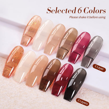 Born Pretty Jelly Gel Nail Polish Set — Fall/Winter 6-Piece 7ml Gel Kit (Brown, Burgundy, Black, Nude, Transparent)