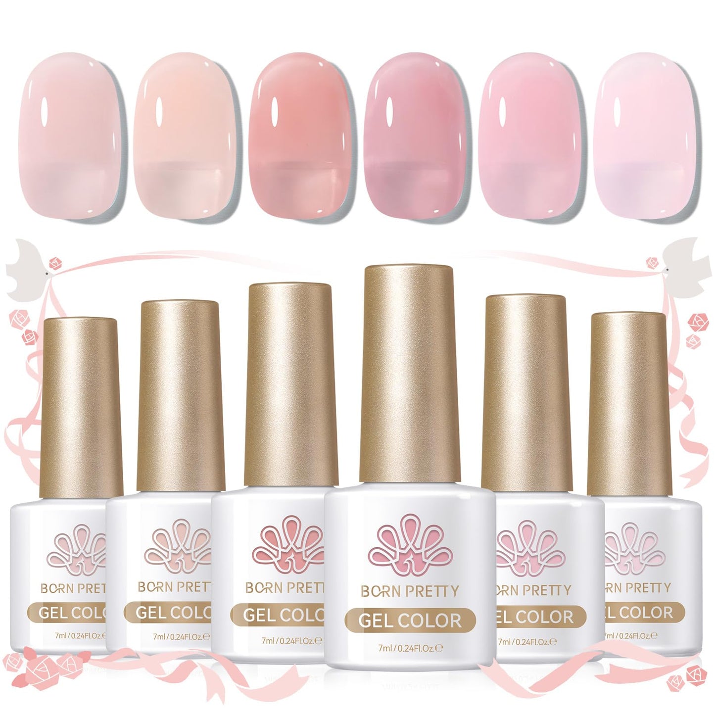 Born Pretty Jelly Pink Gel Nail Polish Set – 6 Translucent Sheer Colors, 7ml, Soak Off UV/LED