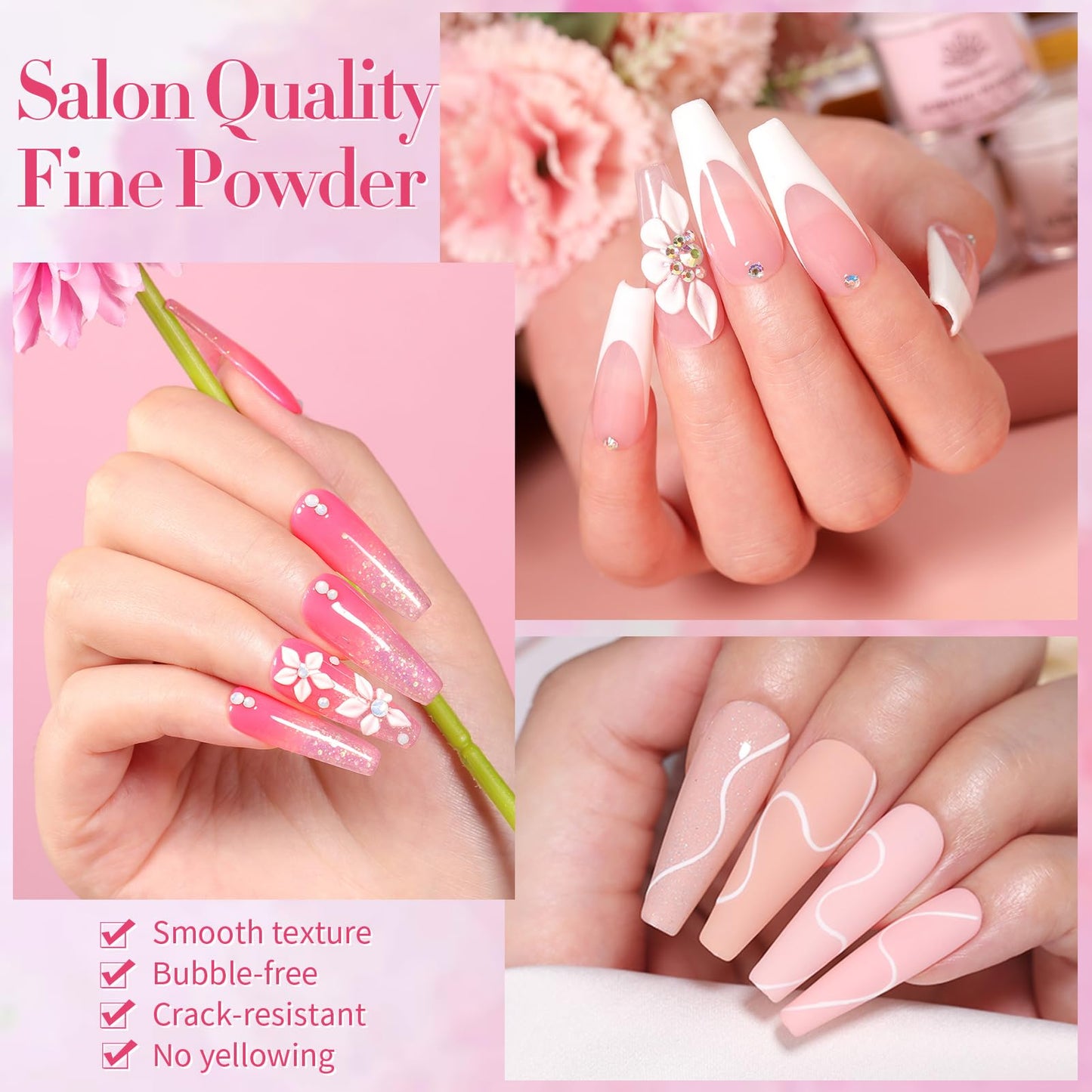 Born Pretty 87-Piece Acrylic Nail Kit for Beginners – Pink/White Glitter Powders + Monomer & Nail Prep Set