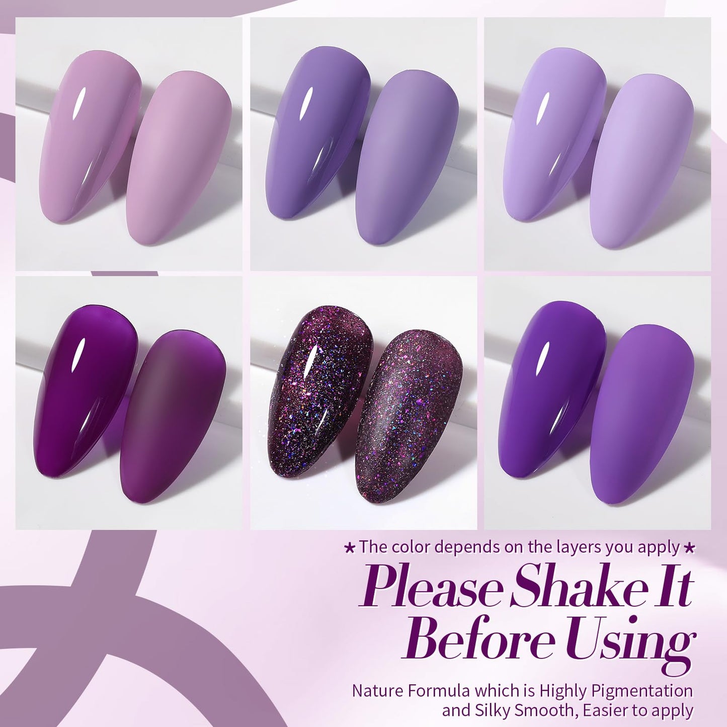 BORN PRETTY Purple Gel Nail Polish Set – 6 Colors (Lavender to Deep Plum) | Soak-Off Gel Kit