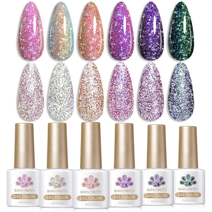 Born Pretty Reflective Glitter Gel Nail Polish – Shimmer Sequins, Sparkly Disco Finish, 6pcs 10ml