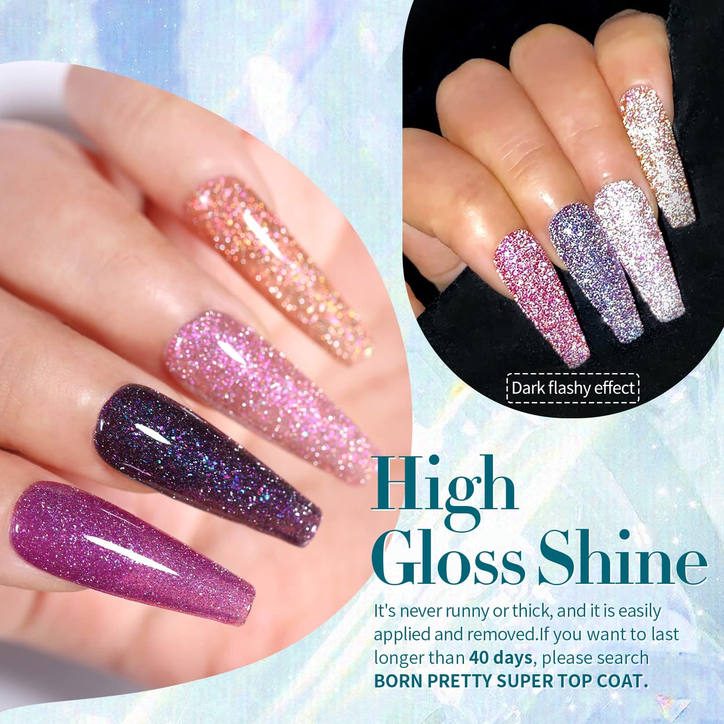 Born Pretty Reflective Glitter Gel Nail Polish – Shimmer Sequins, Sparkly Disco Finish, 6pcs 10ml