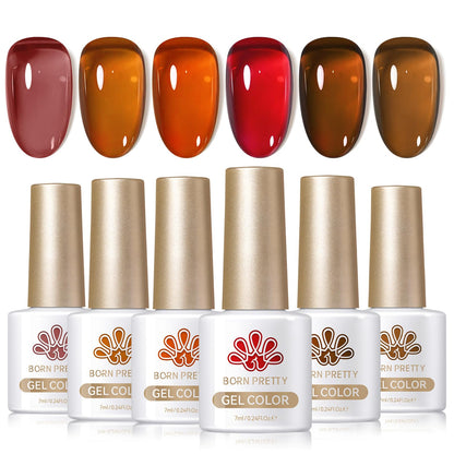 Born Pretty Vernis Gel 6 pièces 7 ml – Ambre Crystal Transparent, Marron, Orange, Rouge, Effet Marbré