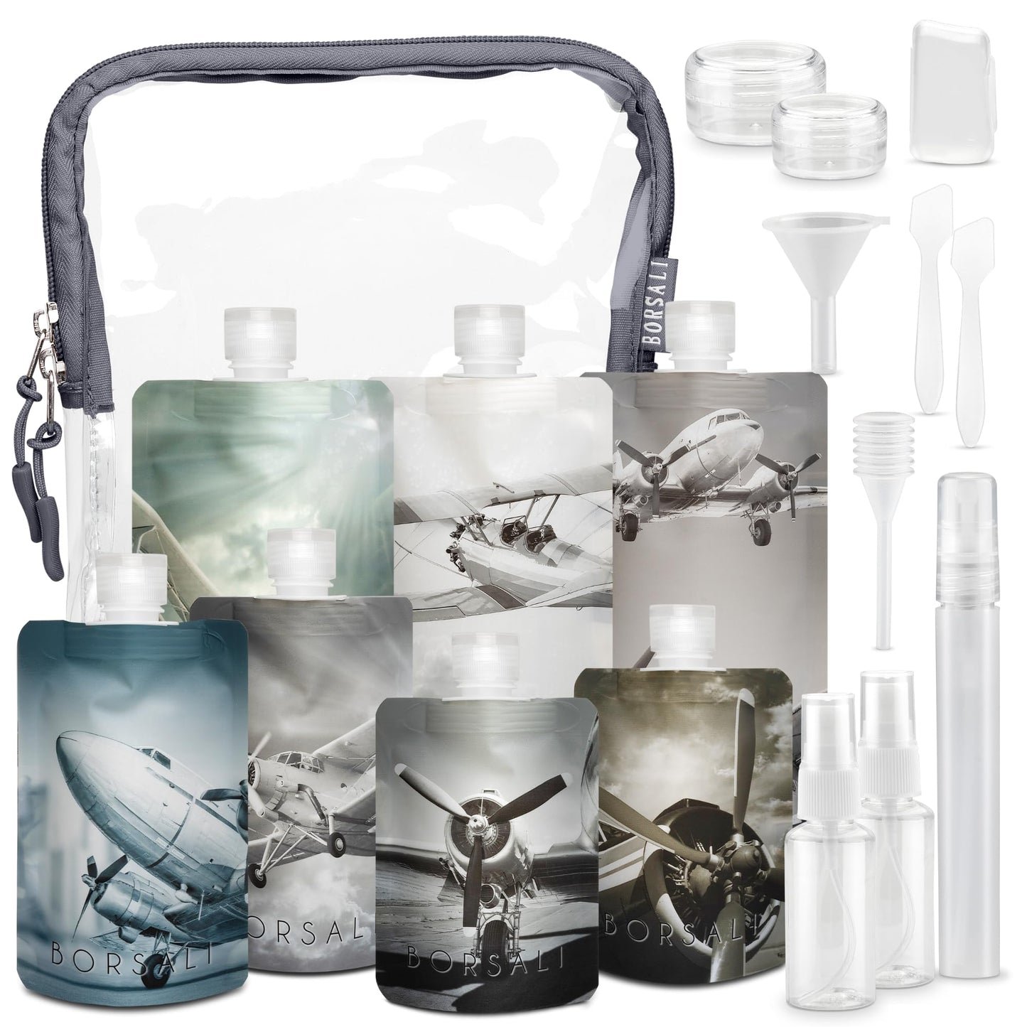 BORSALI Travel Pouches for Toiletries – Flat-Pack, TSA-Approved 18-Piece Set (Gray)