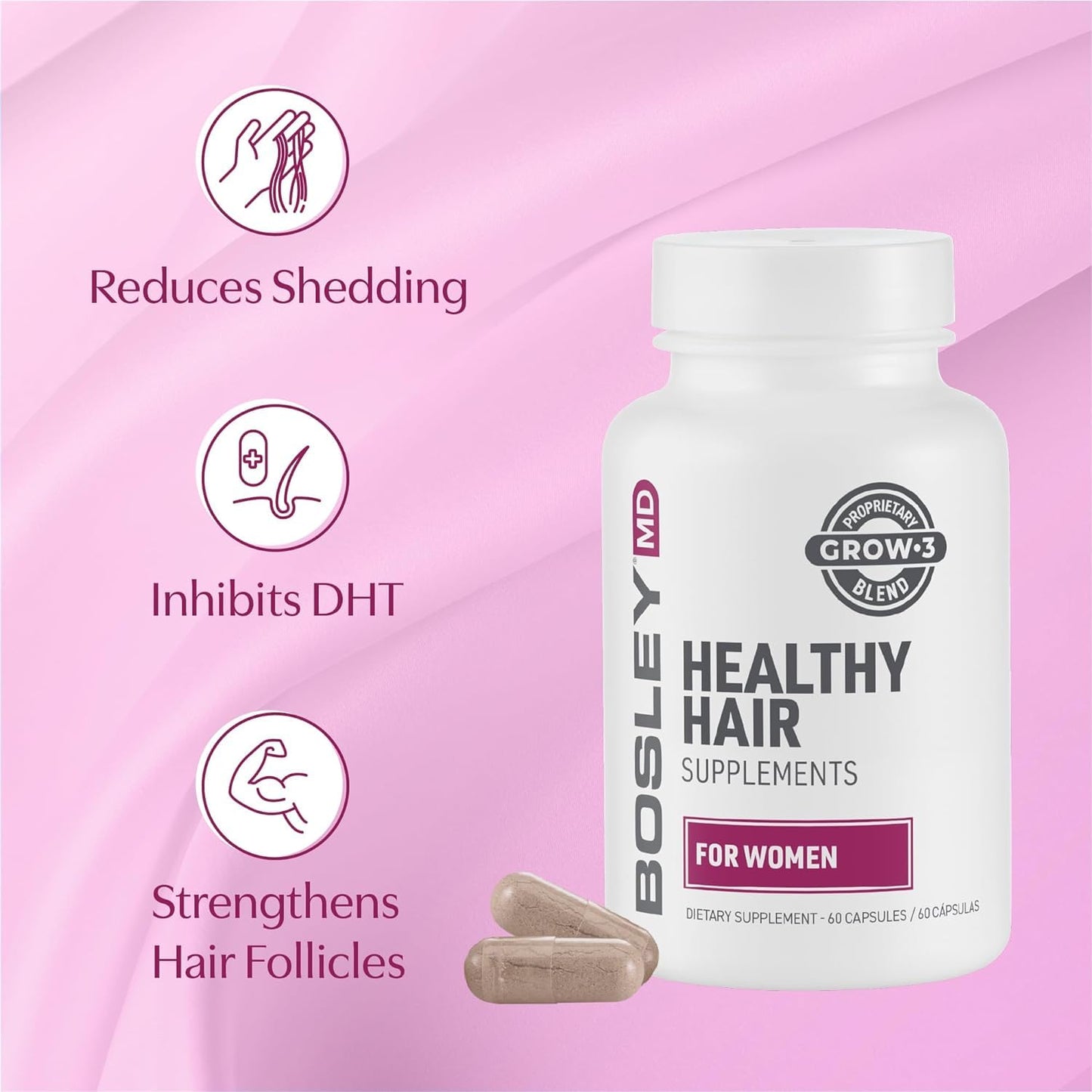 BosleyMD Women’s Healthy Hair Growth Supplements – DHT-Blocking Botanicals, Biotin & Zinc | 60 Capsules
