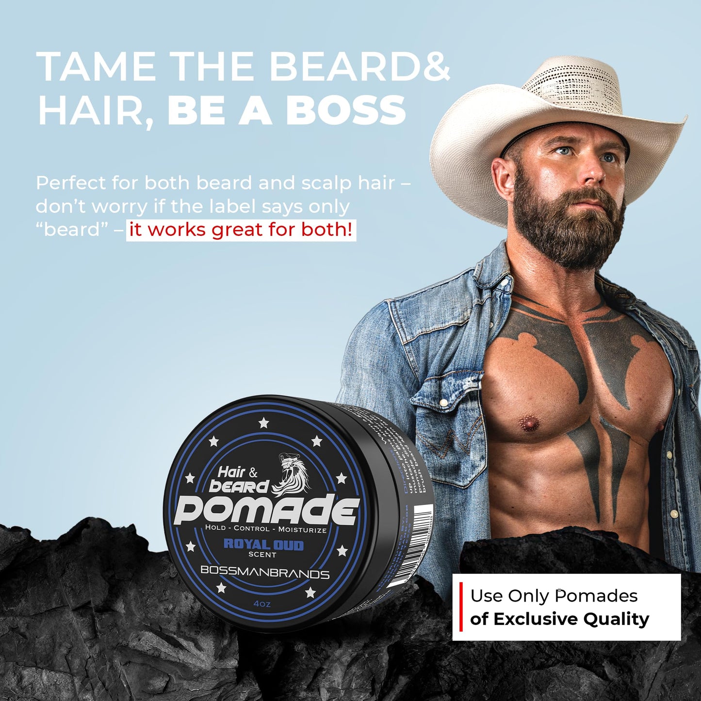 Bossman Hair & Beard Pomade – Royal Oud, Medium Hold, Moisturizing – Made in USA