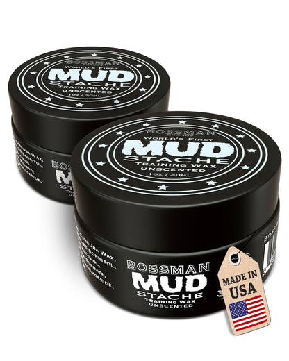 Bossman MUDstache Unscented Mustache Wax for Men (2 oz) – 2 Pack, Strong 24-Hour Hold, Non-Tacky & Easy to Apply