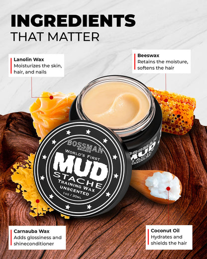 Bossman MUDstache Unscented Mustache Wax for Men (2 oz) – 2 Pack, Strong 24-Hour Hold, Non-Tacky & Easy to Apply