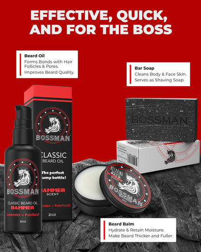 Bossman Starter Beard Kit – Beard Oil, Balm & Soap, Hammer Scent – Made in USA