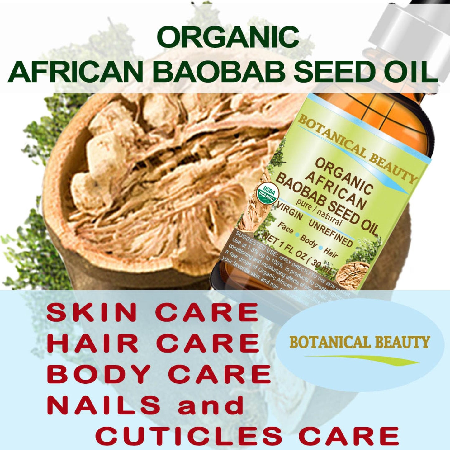 Botanical Beauty Organic Baobab Seed Oil – 100% Pure, Cold-Pressed Carrier Oil (0.5 fl oz / 15 ml) for Face, Skin, Hair