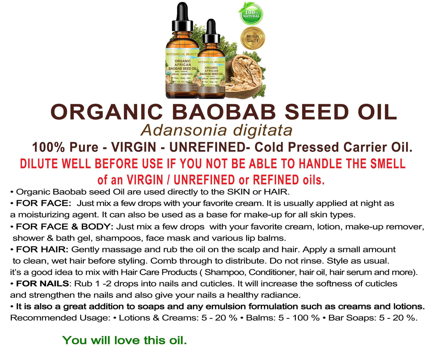 Botanical Beauty Organic Baobab Seed Oil – 100% Pure, Cold-Pressed Carrier Oil (0.5 fl oz / 15 ml) for Face, Skin, Hair