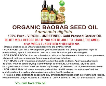 Botanical Beauty Organic Baobab Seed Oil – 100% Pure, Cold-Pressed Carrier Oil (0.5 fl oz / 15 ml) for Face, Skin, Hair