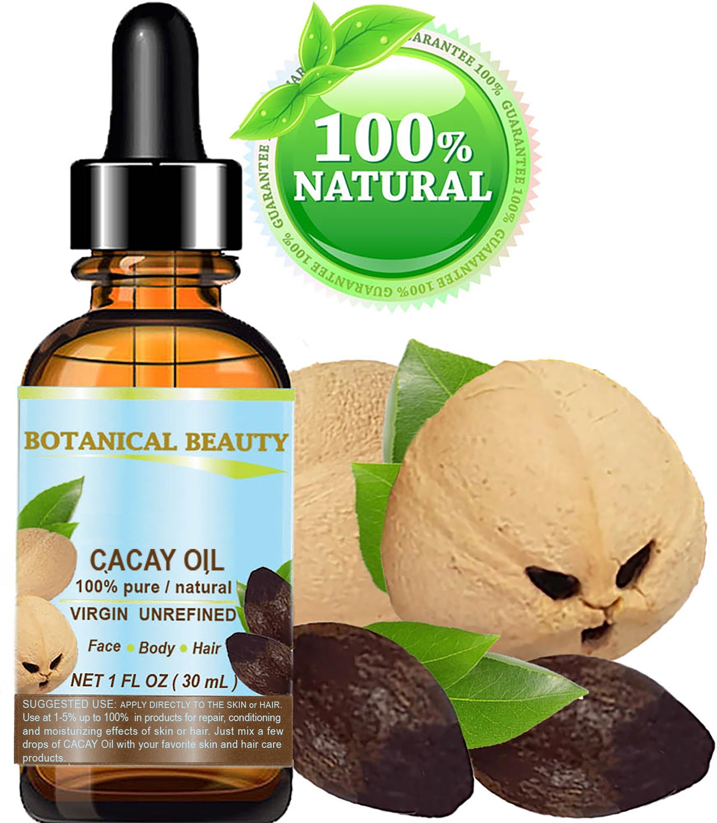 Botanical Beauty CACAY OIL 100% Pure Virgin Cold-Pressed Carrier Oil for Face, Skin, and Hair | Natural Retinol Vitamin A & E
