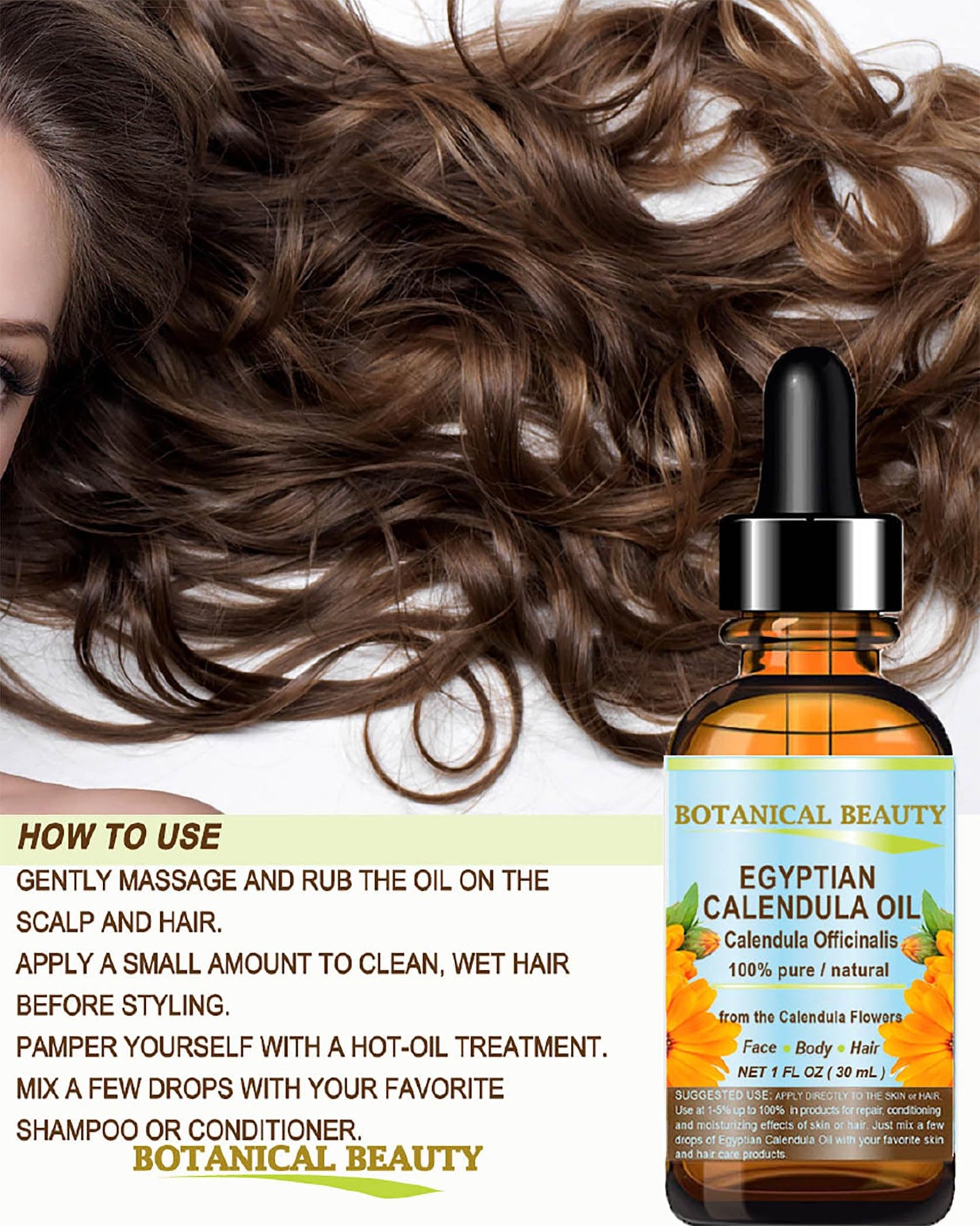 Botanical Beauty Calendula Oil - 100% Pure Egyptian Calendula Officinalis - Face, Skin, Body, Hair, Nails Moisturizer 1 Fl oz / 30 ml