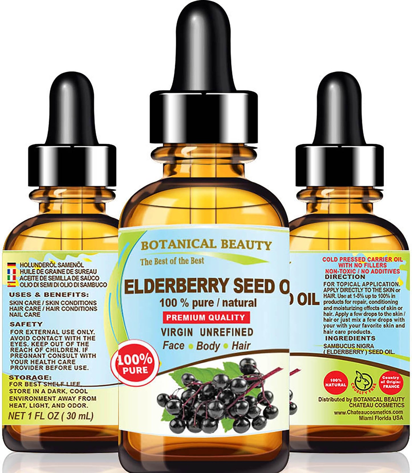 Botanical Beauty Belgian Elderberry Seed Oil – 100% Pure, Cold-Pressed Carrier Oil (1 oz) for Face, Skin & Hair