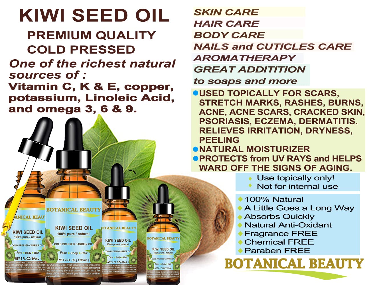 Botanical Beauty Kiwi Seed Oil – 100% Pure Virgin Cold-Pressed Carrier Oil for Face, Skin, Hair | 1 Fl Oz