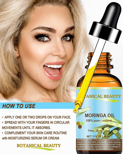Botanical Beauty Moringa Oil – 100% Pure Cold-Pressed Carrier Oil for Face, Skin, Hair, Nails (1 oz)