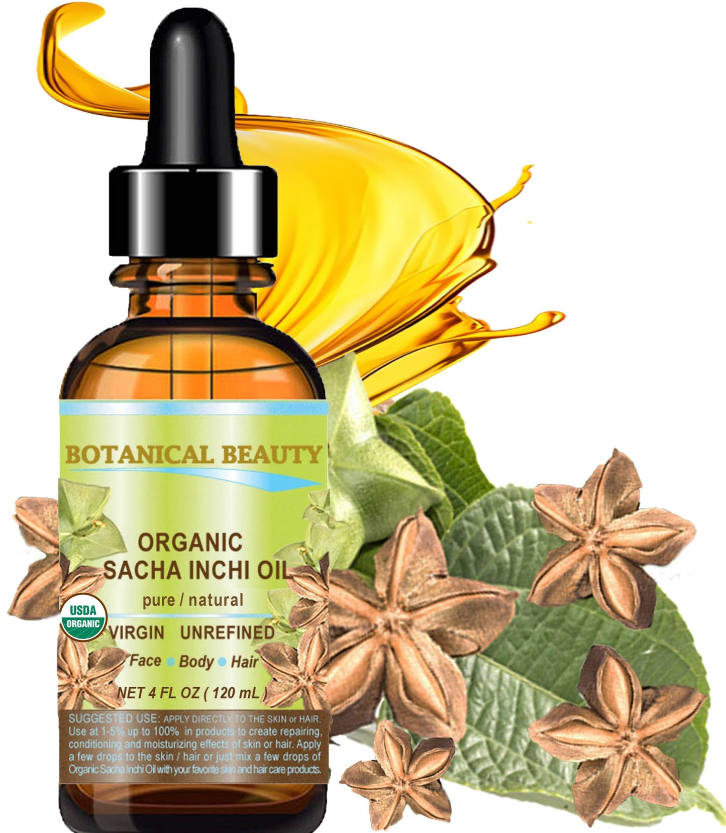 Botanical Beauty Organic Sacha Inchi Oil – 100% Pure Cold-Pressed Carrier Oil (4 oz / 120 ml)