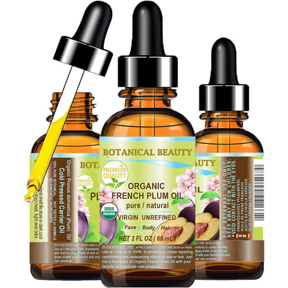Botanical Beauty Organic French Plum Oil – 100% Pure Virgin Cold-Pressed Carrier Oil (2 fl oz) for Face, Skin, Hair