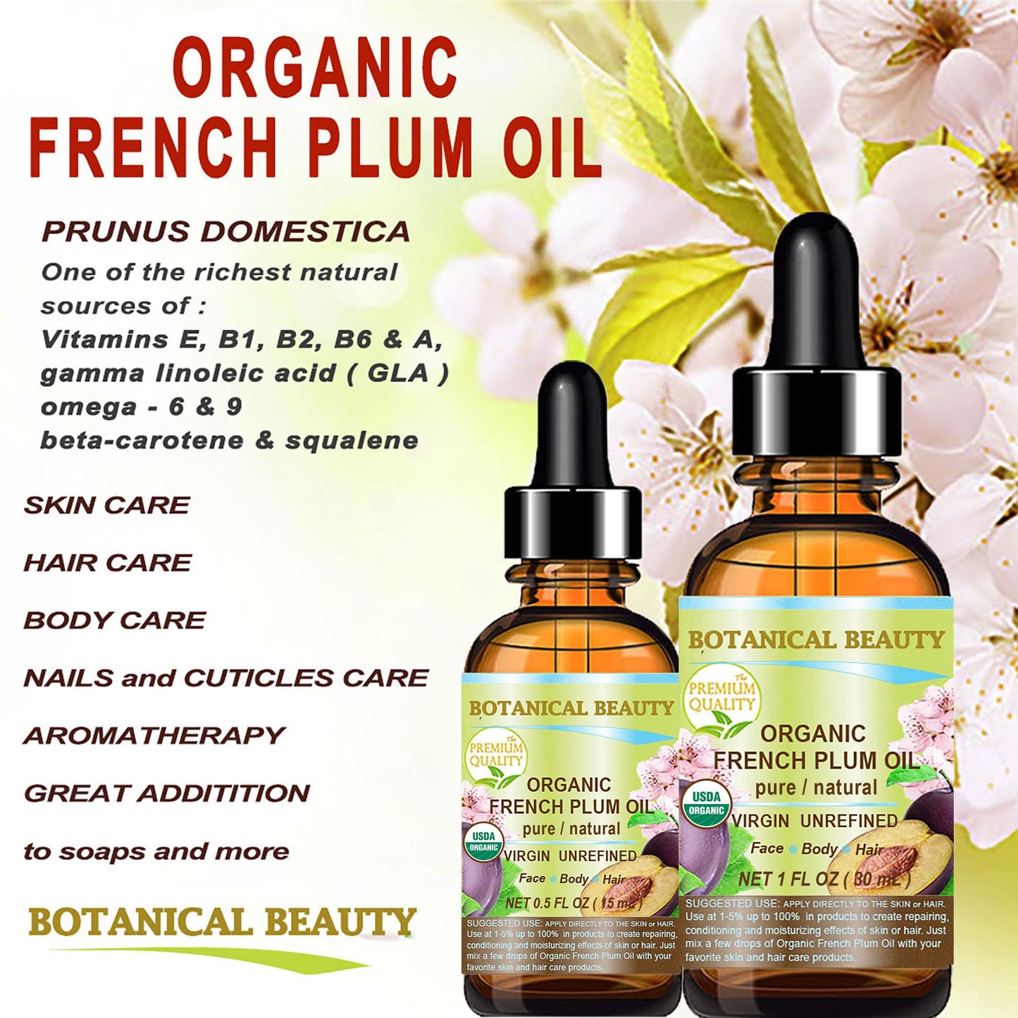 Botanical Beauty Organic French Plum Oil — 100% Pure, Cold-Pressed Carrier Oil for Face, Skin & Hair