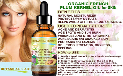 Botanical Beauty Organic French Plum Oil — 100% Pure, Cold-Pressed Carrier Oil for Face, Skin & Hair