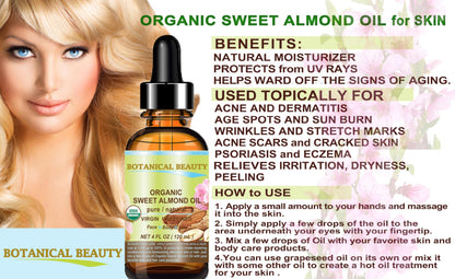 Botanical Beauty Organic Sweet Almond Oil – 100% Pure, Cold-Pressed Carrier Oil, 2 fl oz