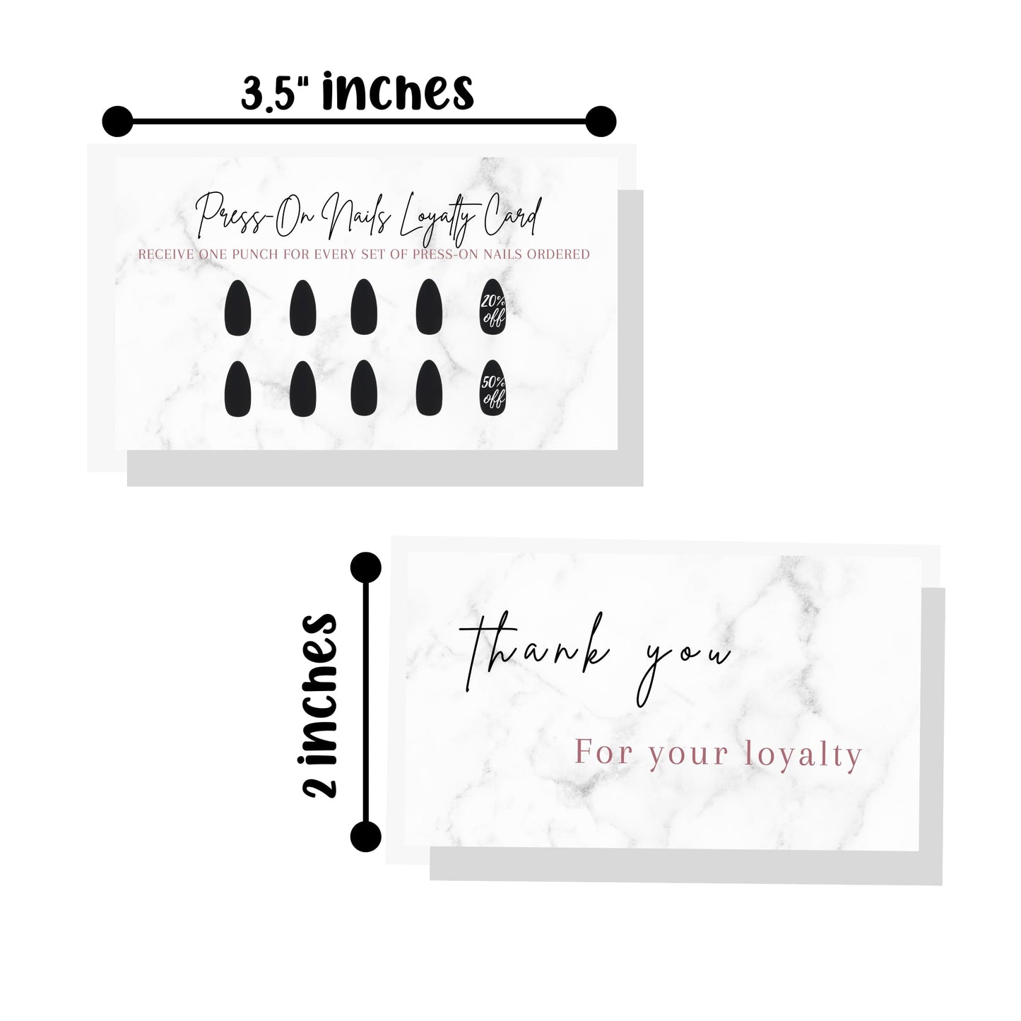 Boutique Marketing LLC Press-On Nail Loyalty Cards – 50 Pack | 2x3.5-inch Front/Back Marble Black Design