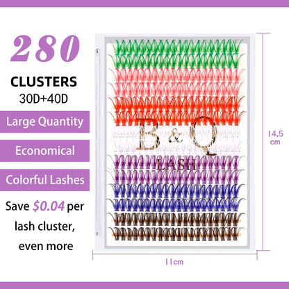 B&Qaugen Colored DIY Lash Clusters – 280 Clusters, 40D-D-15mm, 7 Color Mix