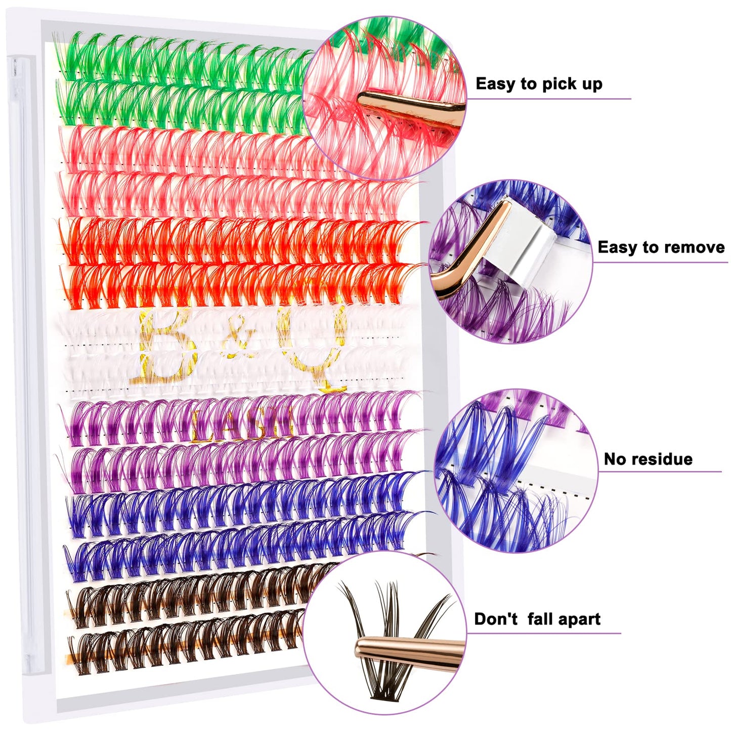 B&Qaugen Colored DIY Lash Clusters – 280 Clusters, 40D-D-15mm, 7 Color Mix