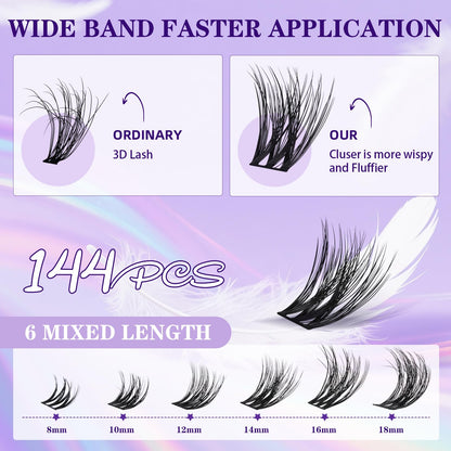 B&Qaugen Lash Clusters Kit Wispy Fluffy Feath5D – 8-18mm C Curl, Waterproof, Glue & Tools