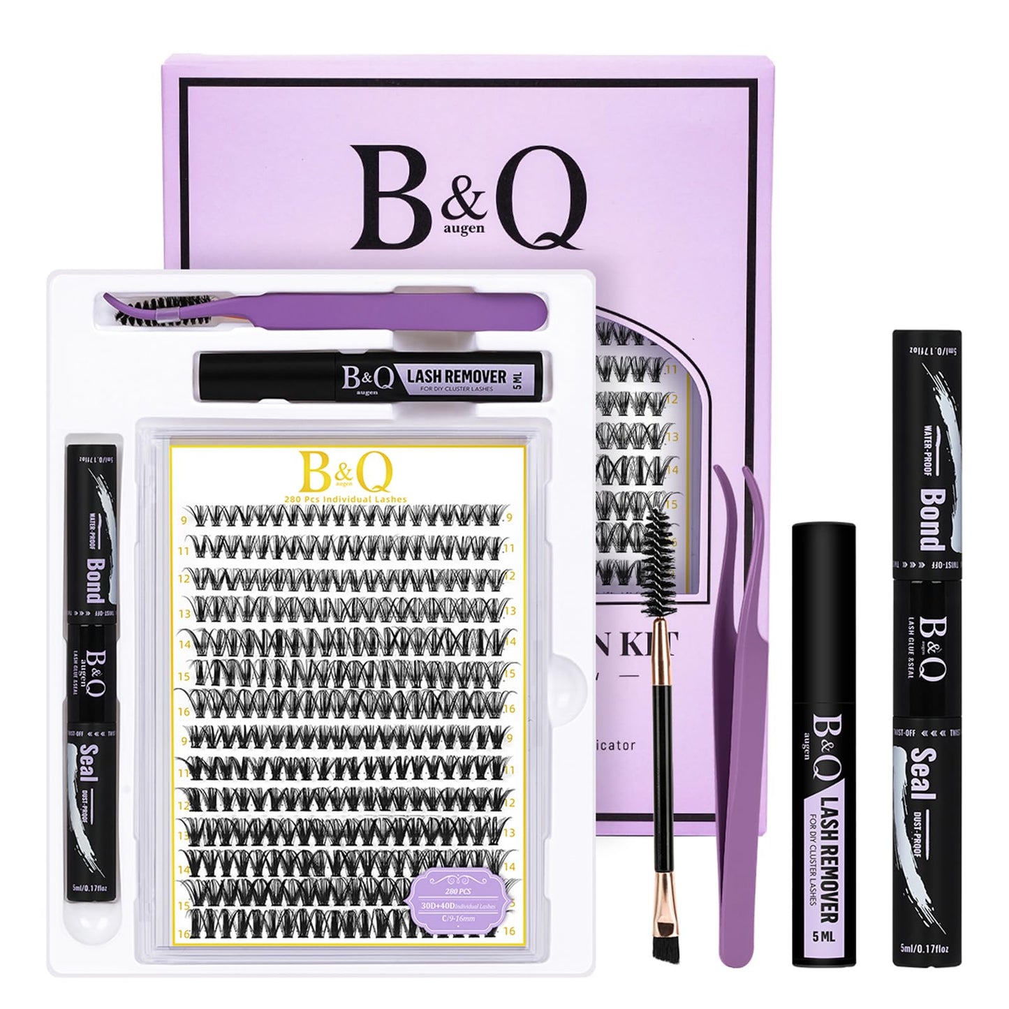 B&Qaugen Lash Clusters Kit 280PCS – DIY Eyelash Extensions (30D/40D, C Curl) with Bond & Seal