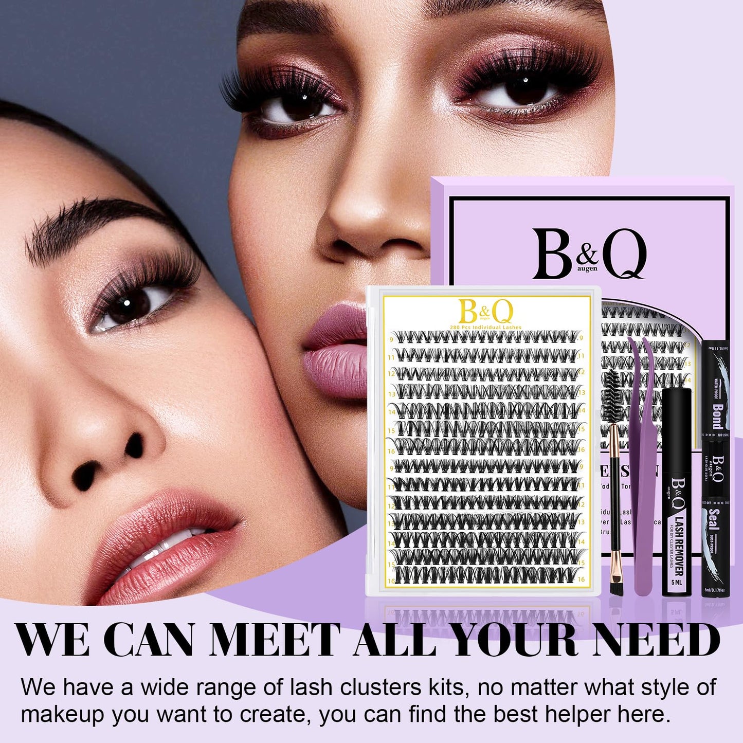 B&Qaugen Lash Clusters Kit 280PCS – DIY Eyelash Extensions (30D/40D, C Curl) with Bond & Seal