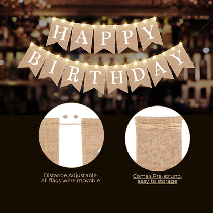 Breling Burlap Happy Birthday Banner Flags + 2 LED Fairy Lights — Rustic Party Garland (2 Banners + 2 Light Strings)