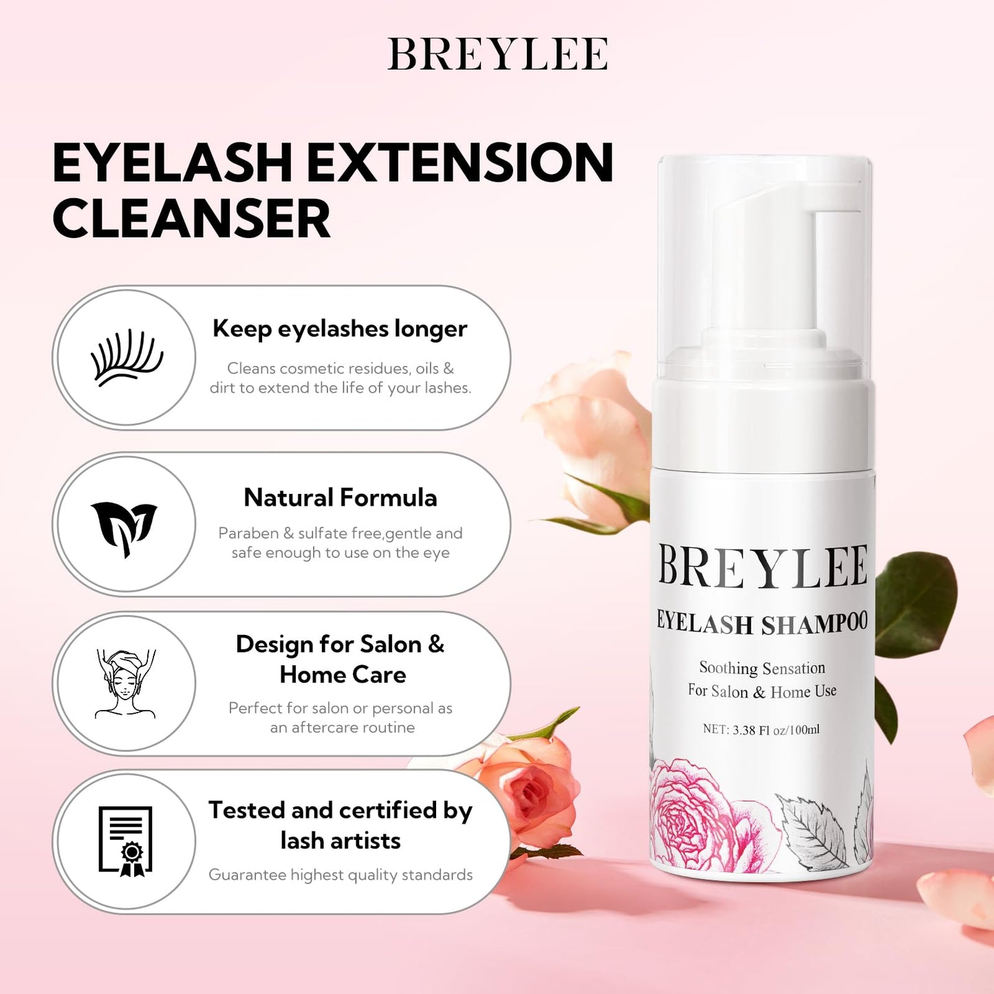 BREYLEE 100 ml Lash Shampoo Kit for Lash Extensions – Cleanse, Dry, and Care for Salon or Home Use