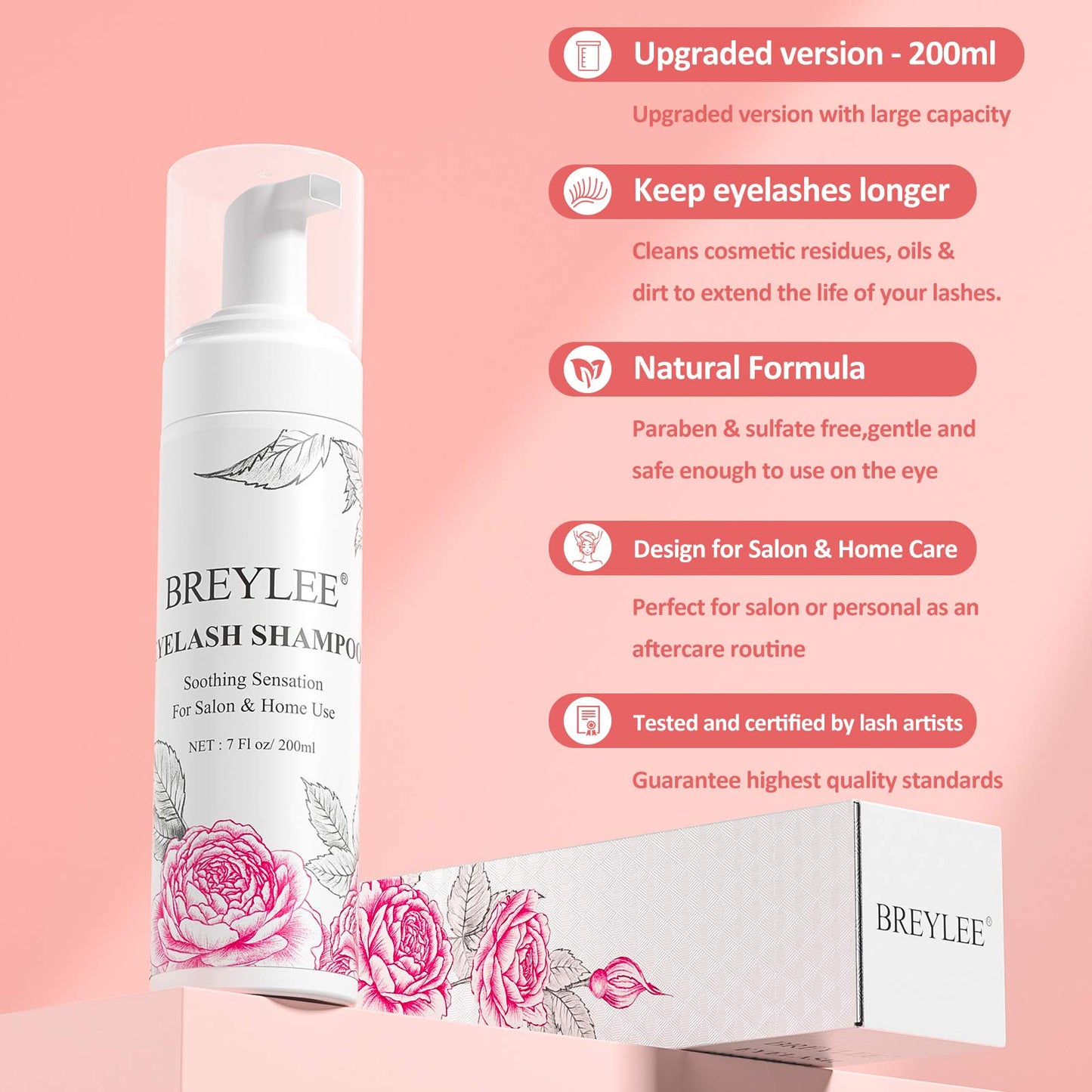 BREYLEE Eyelash Extension Cleanser | 200ml Foam Shampoo with Brush for Salon & Home Use