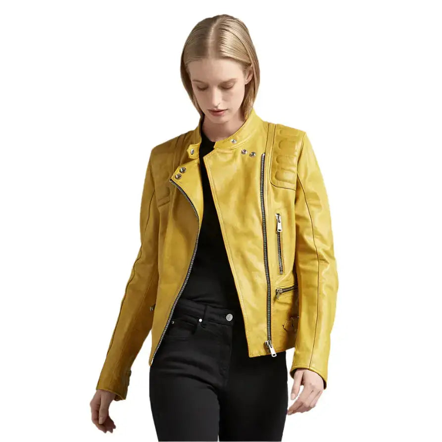 Women’s Bright Yellow Leather Biker Jacket