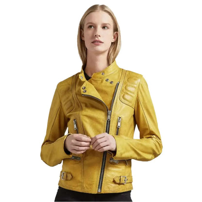 Women’s Bright Yellow Leather Biker Jacket