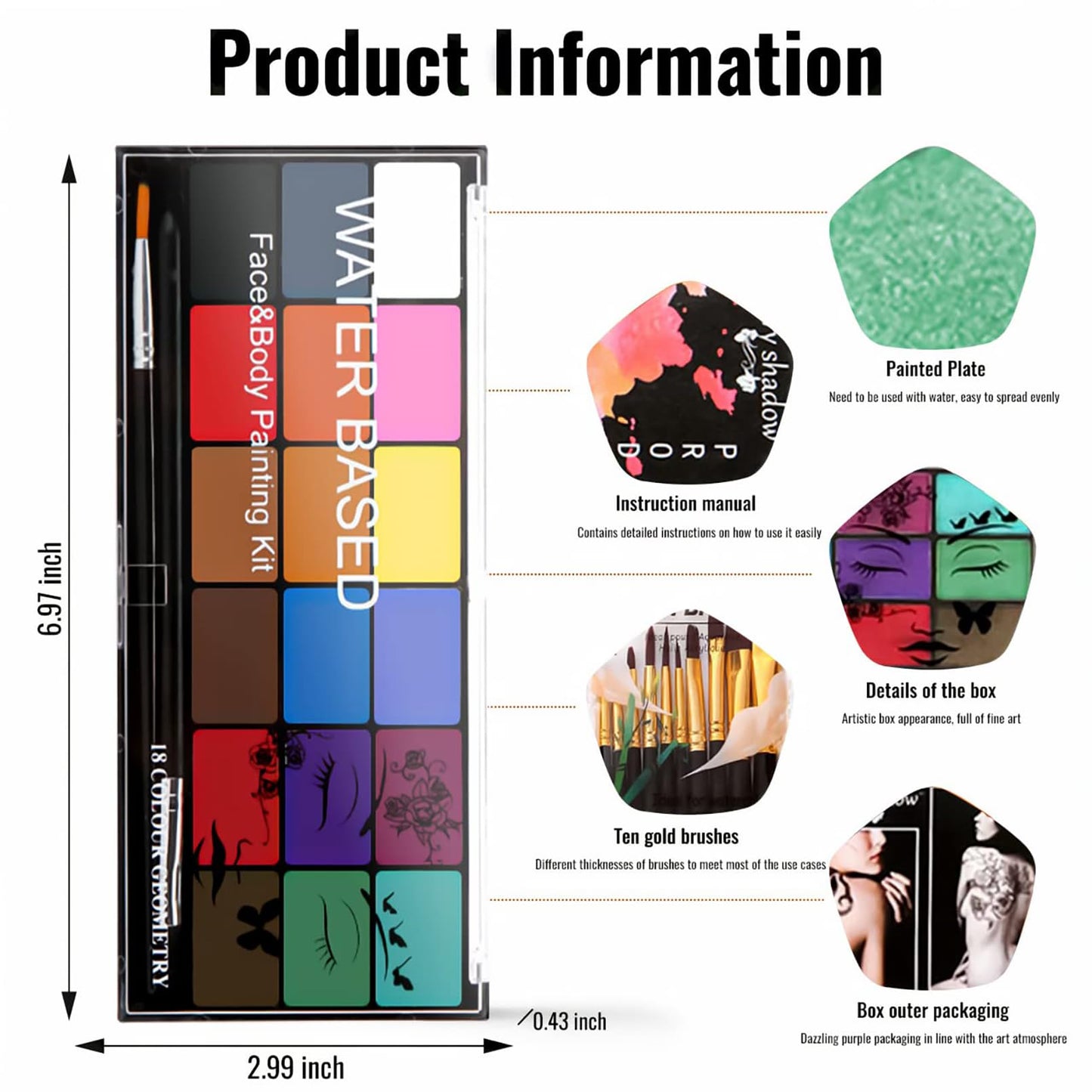 BRIMFULITE Face Painting Kit – 18 Color Water-Activated Pigments, 10 Brushes, Non-Toxic & Washable