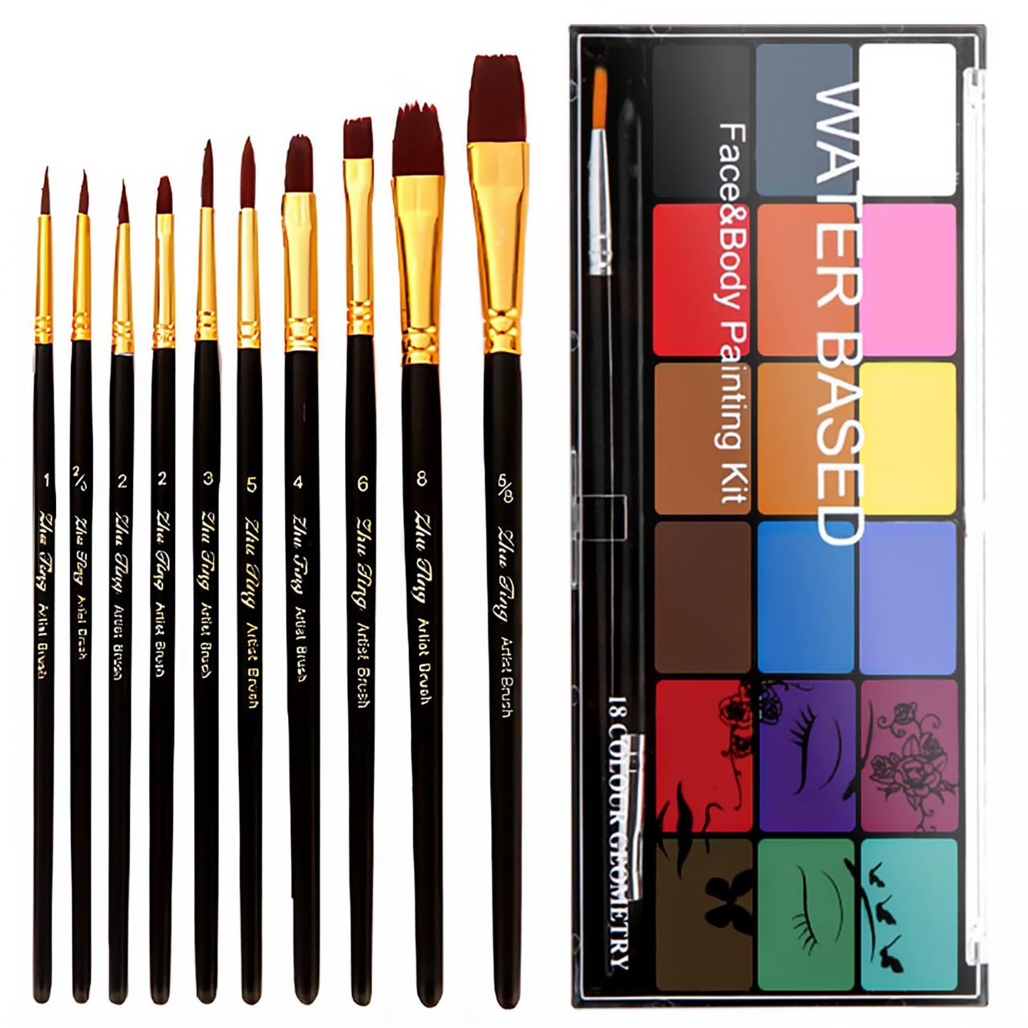 BRIMFULITE Face Painting Kit – 18 Color Water-Activated Pigments, 10 Brushes, Non-Toxic & Washable