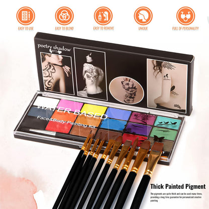 BRIMFULITE Face Painting Kit – 18 Color Water-Activated Pigments, 10 Brushes, Non-Toxic & Washable