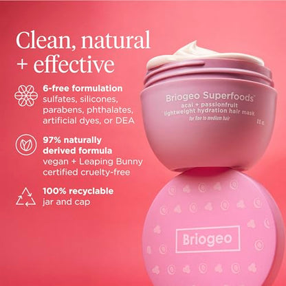 Briogeo Superfoods Acai + Passionfruit Lightweight Hydration Hair Mask – Deep Conditioner for Fine Hair, 2 oz | Vegan & Cruelty-Free