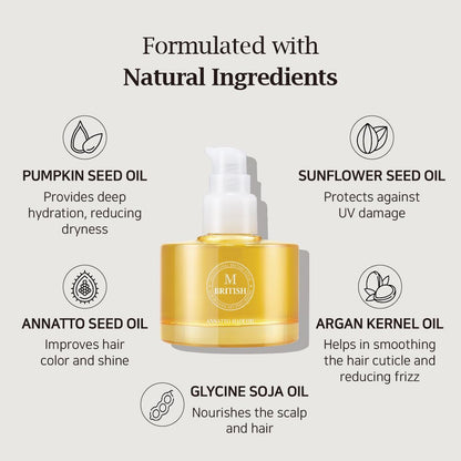 BRITISH M Annatto Hair Oil – Frizz-Free Shine, Deep Hydration, UV Protection for All Hair Types