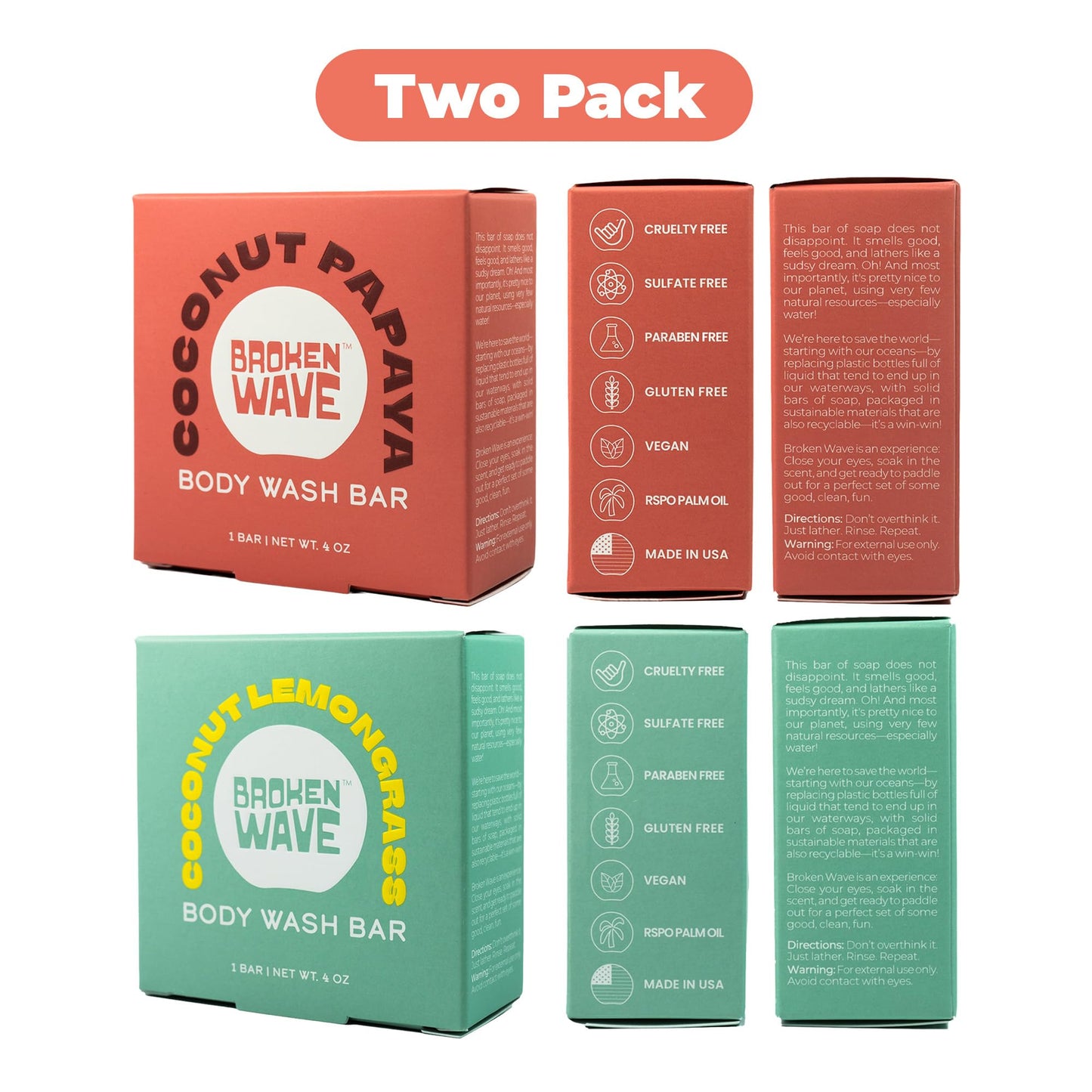 Broken Wave Natural Bar Soap for Women and Men | Hydrating, Vegan, Cruelty-Free Coconut Lemongrass & Papaya | Plastic-Free, Sulfate & Paraben Free | 2-Pack