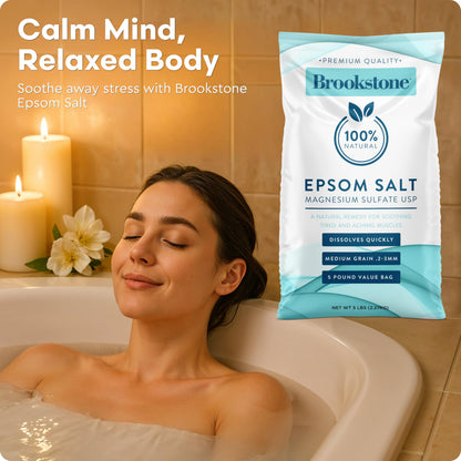 Brookstone 5 lb Epsom Salt Bulk Bag – Premium USP Magnesium Sulfate, Medium Grain, Unscented Bath Salt for Soak, Foot Care, and Home Use