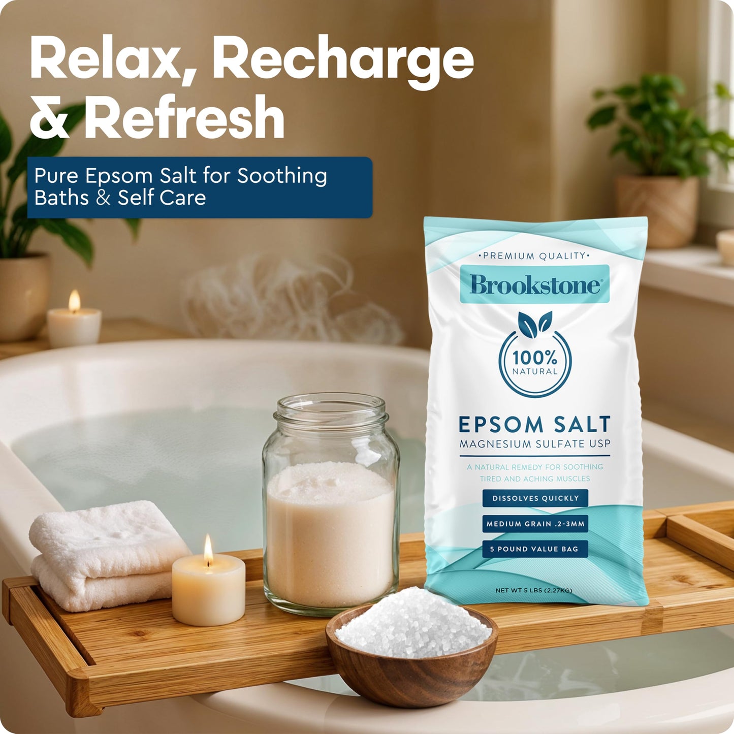 Brookstone 5 lb Epsom Salt Bulk Bag – Premium USP Magnesium Sulfate, Medium Grain, Unscented Bath Salt for Soak, Foot Care, and Home Use