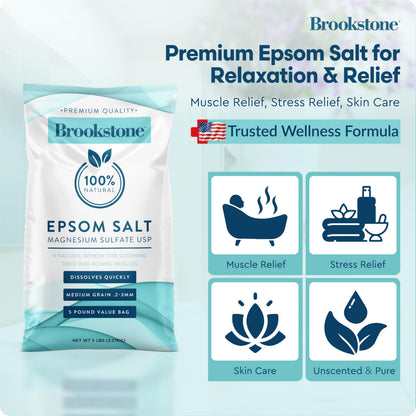Brookstone 5 lb Epsom Salt Bulk Bag – Premium USP Magnesium Sulfate, Medium Grain, Unscented Bath Salt for Soak, Foot Care, and Home Use