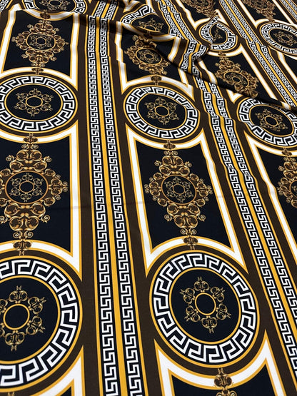 Brown Silky Crepe Fabric with Greek Key Pattern Fabric by Metre