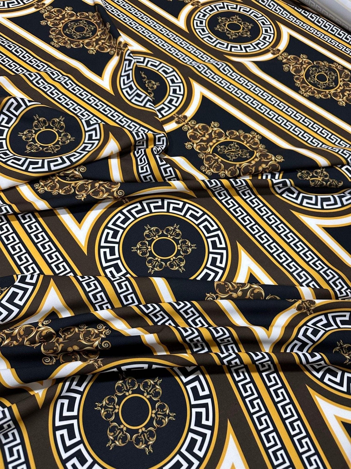 Brown Silky Crepe Fabric with Greek Key Pattern Fabric by Metre