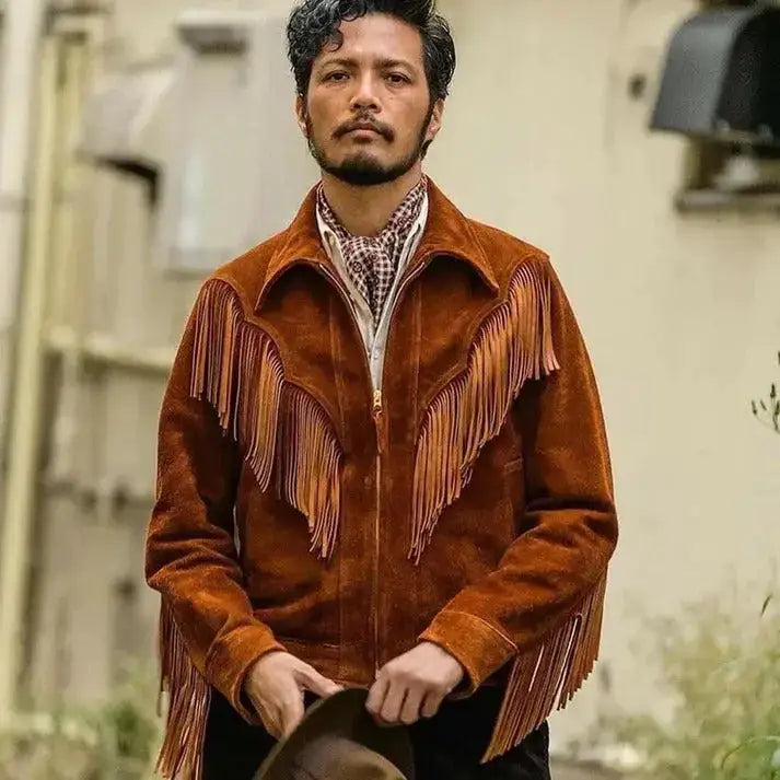 Men’s Brown Suede Leather Western Cowboy Fringe Jacket