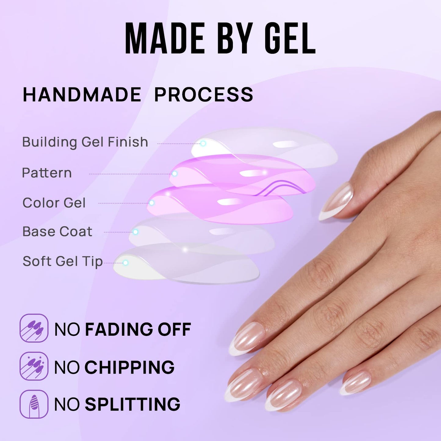 BTArtbox French Tip Press On Nails: White Almond Medium Gel Nails Kit (15 Sizes)